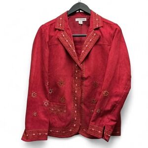 Vintage Coldwater Creek Embroidered Red Faux Suede‎ Jacket Festival Western Boho